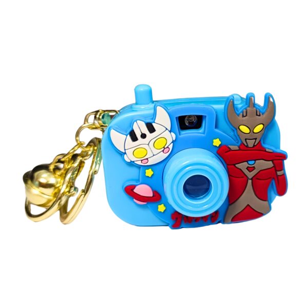 Small blue toy camera keychain with Disney-inspired character design.