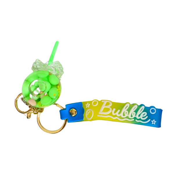 Green bubble water keychain featuring a playful floating design.