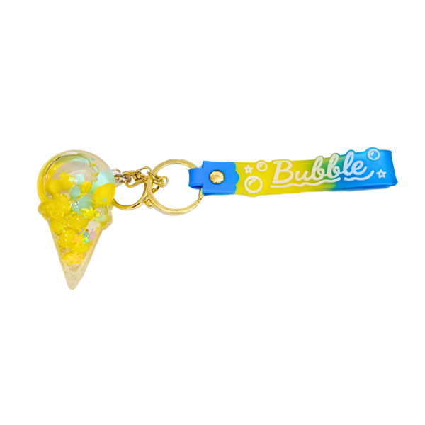 A yellow ice cream cone-shaped keychain with liquid and floating beads.