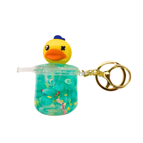 Duck water bead keychain with a winking face, blue cap, and blue floating beads