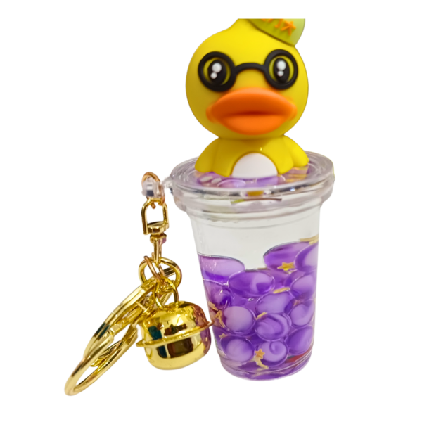 Duck water bead keychain with glasses, green hat, and purple floating beads