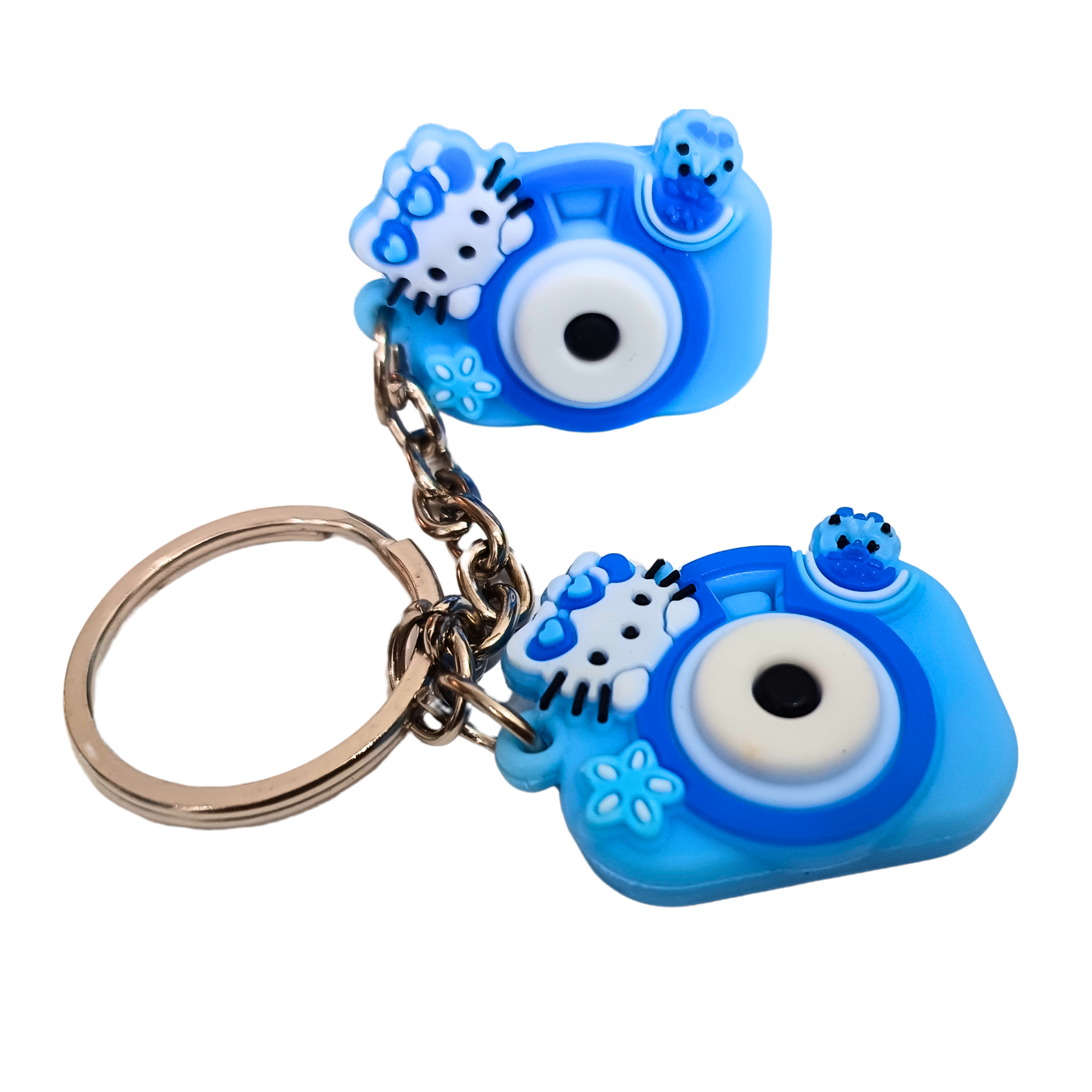 hello-kitty-camera-keychain-blue Blue double camera keychain featuring Hello Kitty decorations with floral and fruit accents.
