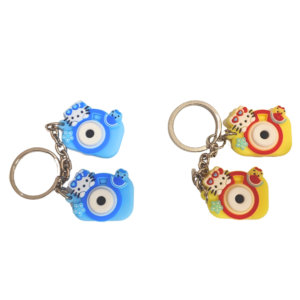 Hello Kitty-themed double camera keychains in blue and yellow with cute decorative elements.