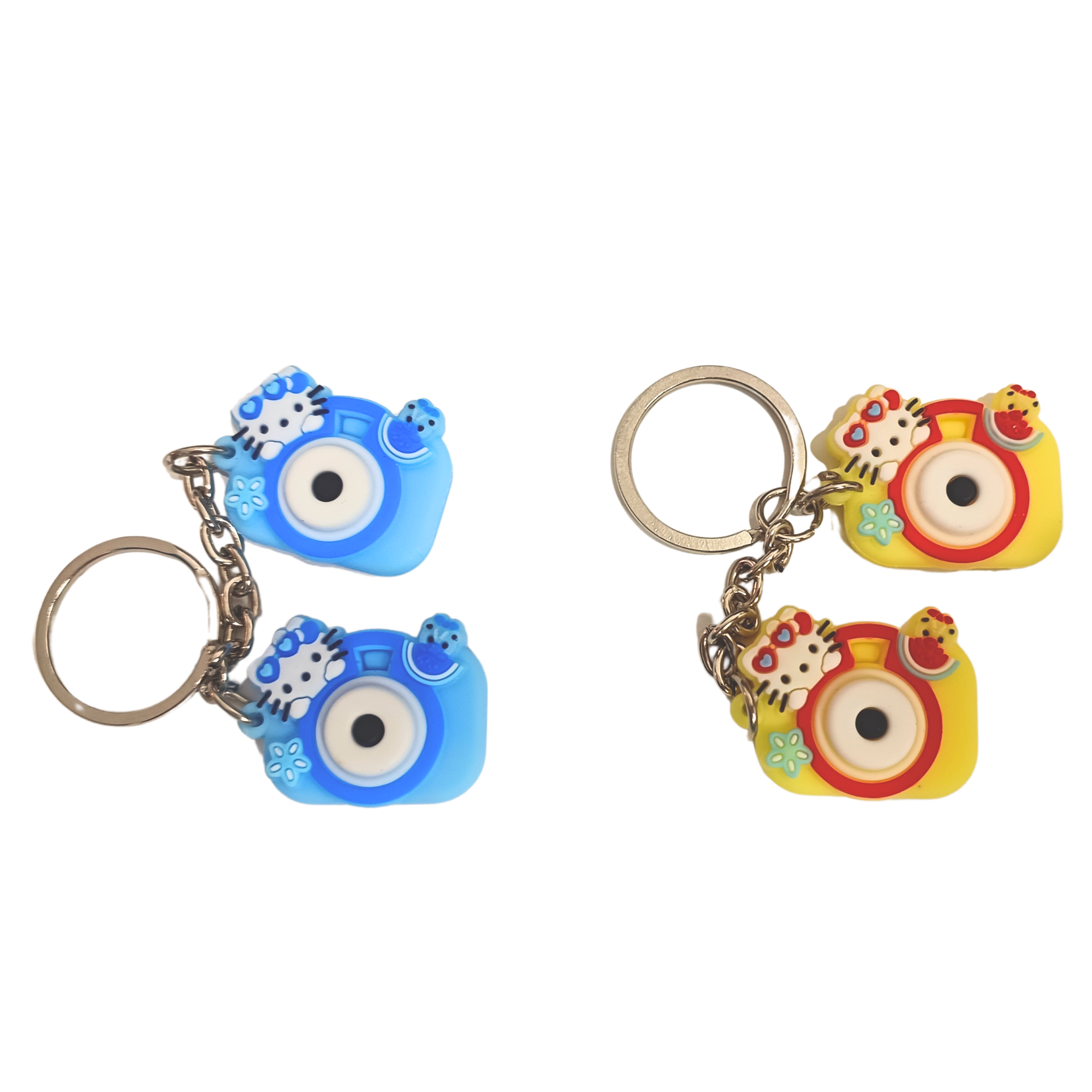 hello-kitty-camera-keychains Hello Kitty-themed double camera keychains in blue and yellow with cute decorative elements.