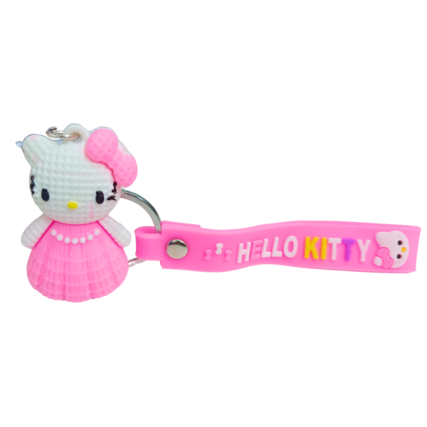 Hello Kitty keychain with a pink dress and a matching pink silicone strap.