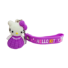Hello Kitty keychain with a purple dress and a matching purple silicone strap.