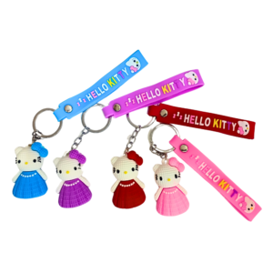 Hello Kitty keychains with colorful dresses and matching silicone straps featuring "Hello Kitty" text and character prints.