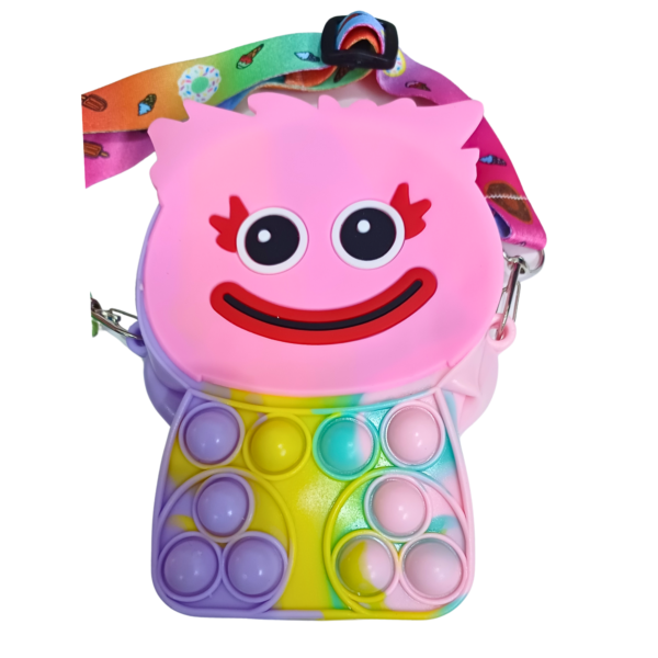 Colorful rainbow Pop It purse with a cute cartoon face, featuring a sensory bubble fidget design and an adjustable printed strap.