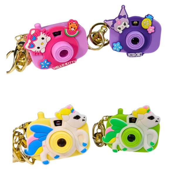 Set of colorful mini toy camera keychains featuring Hello Kitty, Kuromi, unicorn, and cartoon character designs, perfect for kids and collectors.