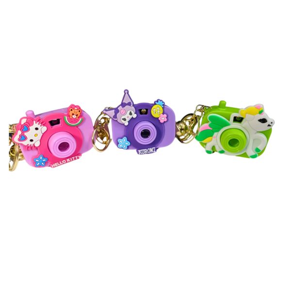 Set of colorful mini toy camera keychains featuring Hello Kitty, Kuromi, unicorn, and cartoon character designs, perfect for kids and collectors.