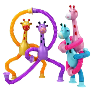 Colorful LED Light-Up Suction Cup Giraffe Fidget Toys with Flexible Pop Tubes, Stretchable and Bendable for Sensory Play and Stress Relief.